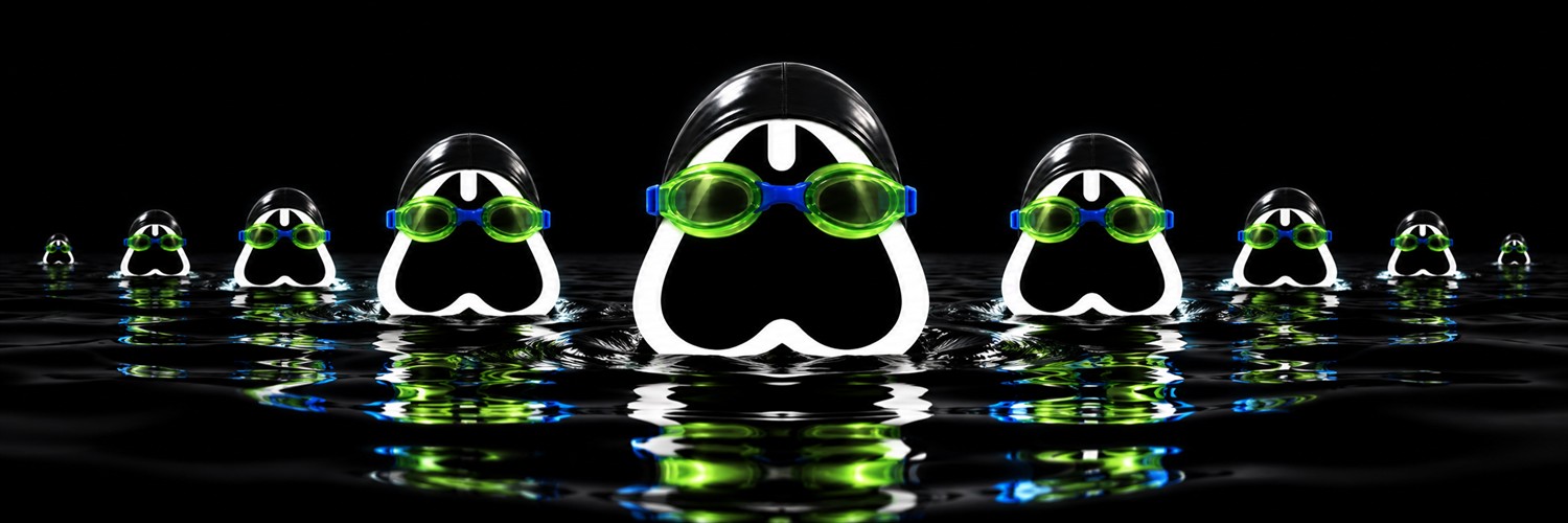 A formation of neon-goggled swimmers emerging from a black pool