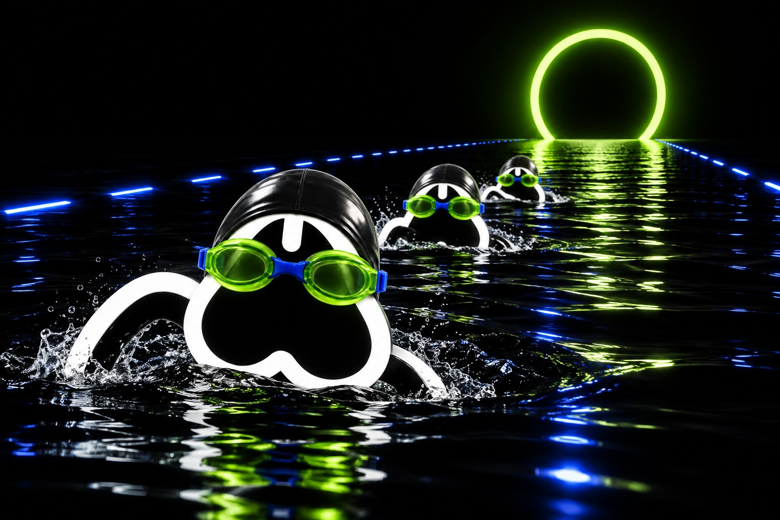 Three neon-goggled swimmers crossing a black pool toward a lime portal
