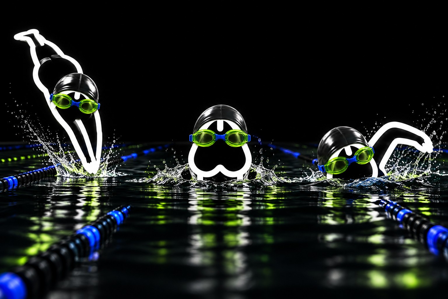 Three stages of the goggled swimmer moving through dark lanes